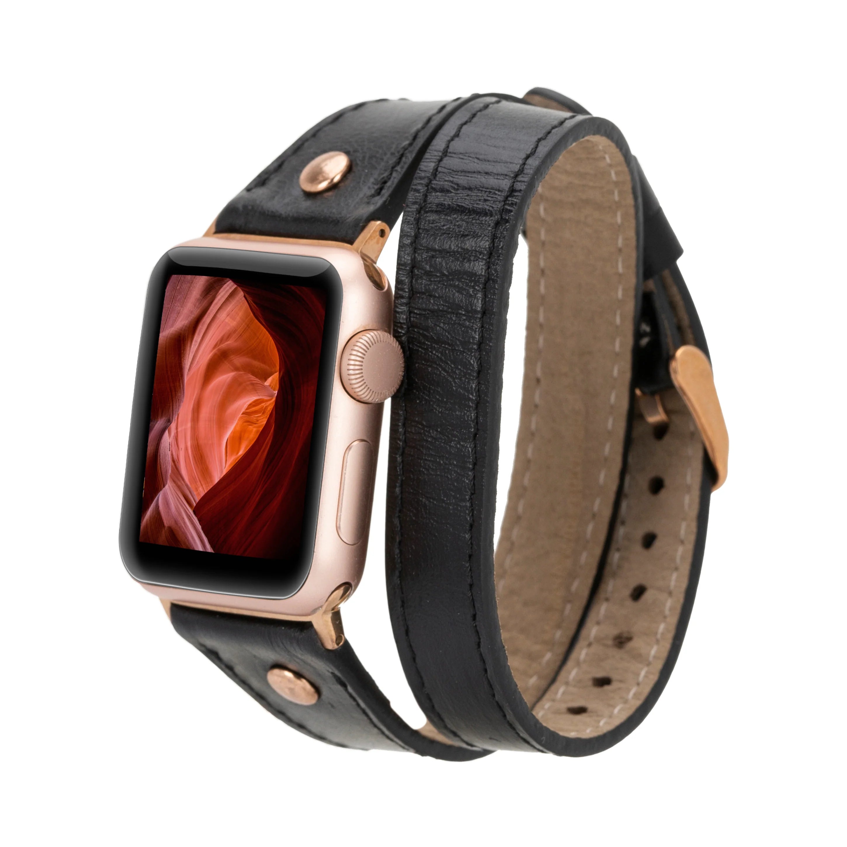 Hector Double Tour Leather Apple Watch Band With Rose Gold Trok