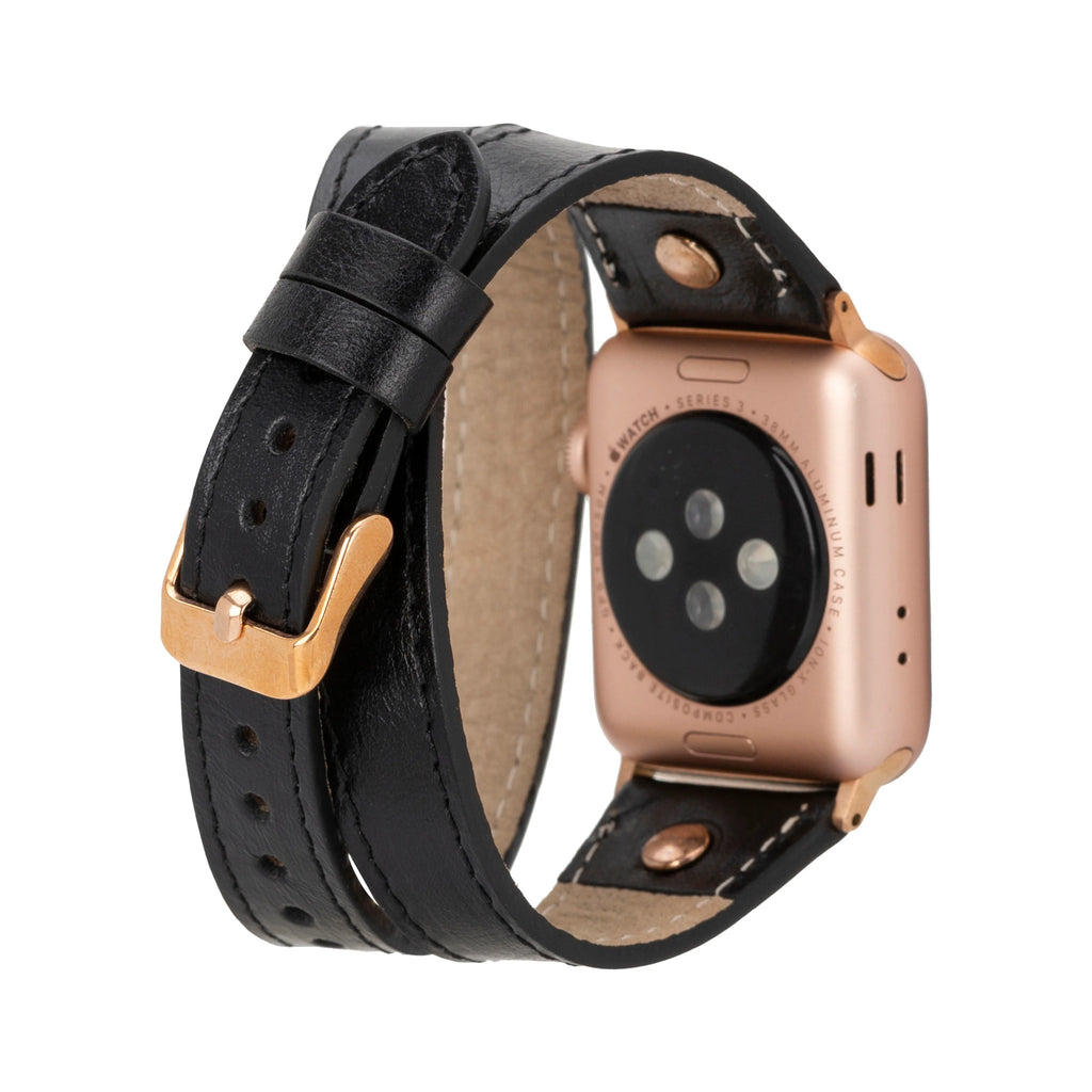 Hector Double Tour Leather Apple Watch Band With Rose Gold Trok