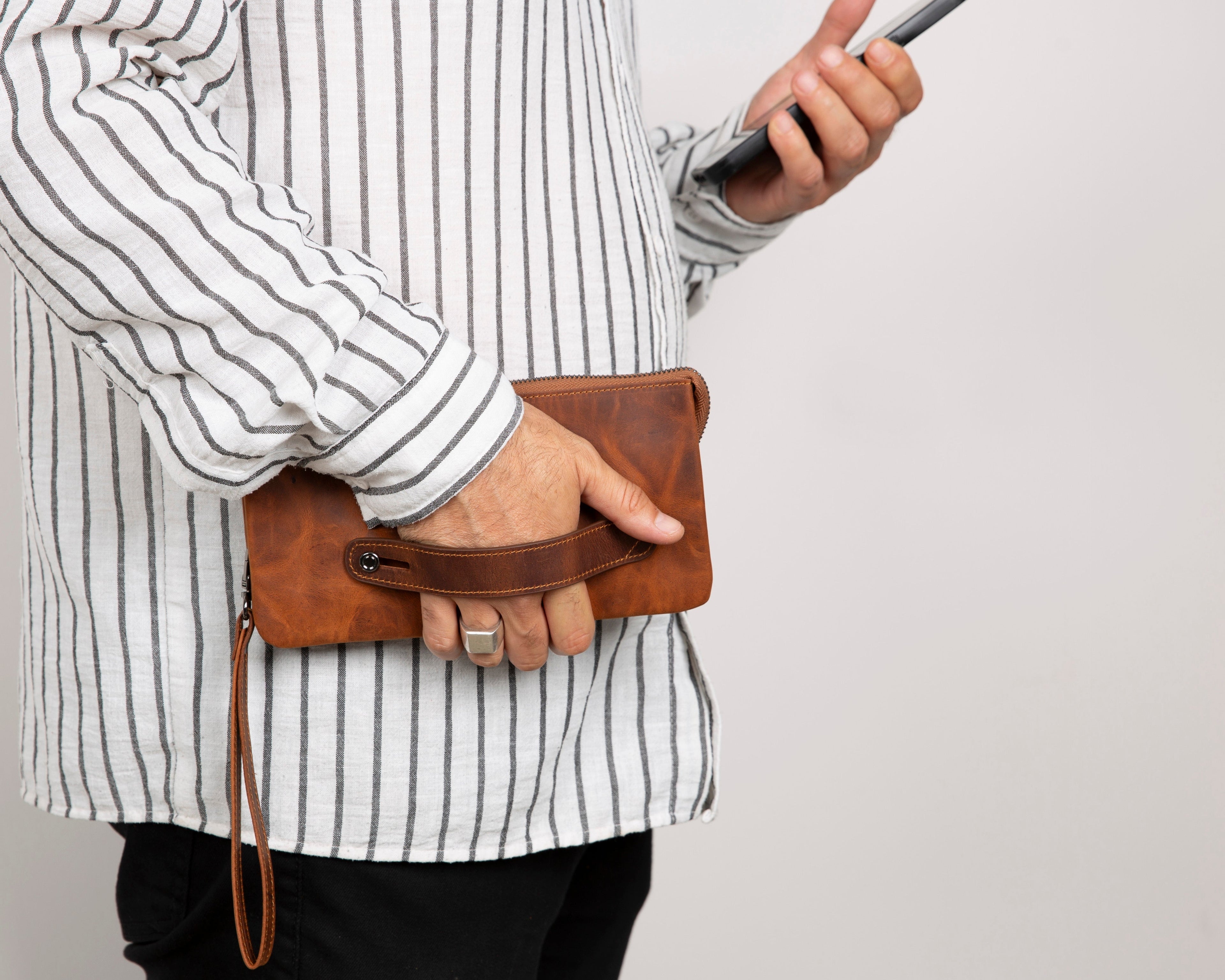 Prestige Genuine Leather Clutch Bag – Premium Travel Organizer with Wrist Strap