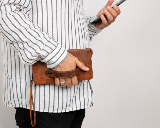 Prestige Genuine Leather Clutch Bag – Premium Travel Organizer with Wrist Strap