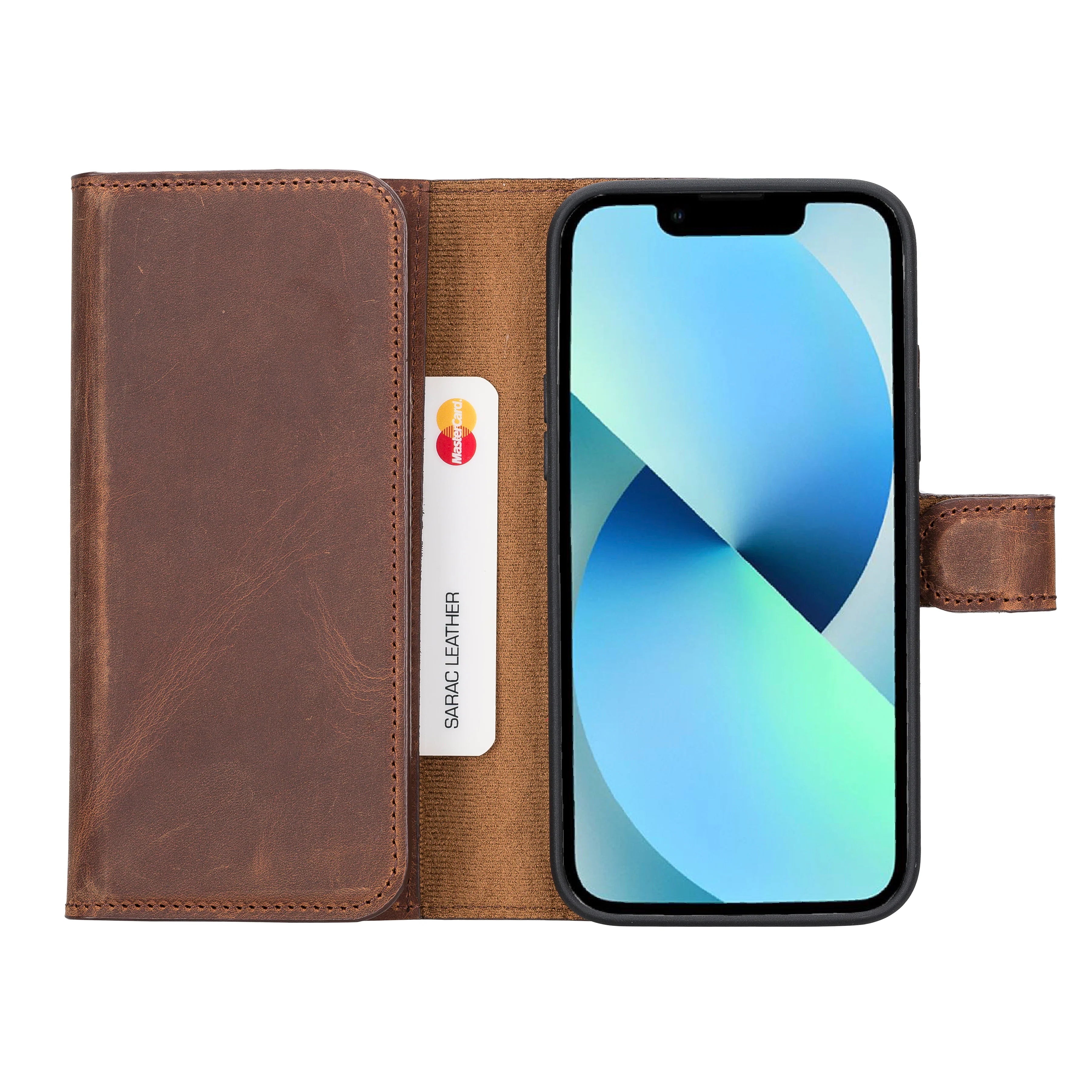 Weihnachtsmann iPhone 14 Plus Leder-Brieftaschenhülle mit abnehmbarem Verschluss