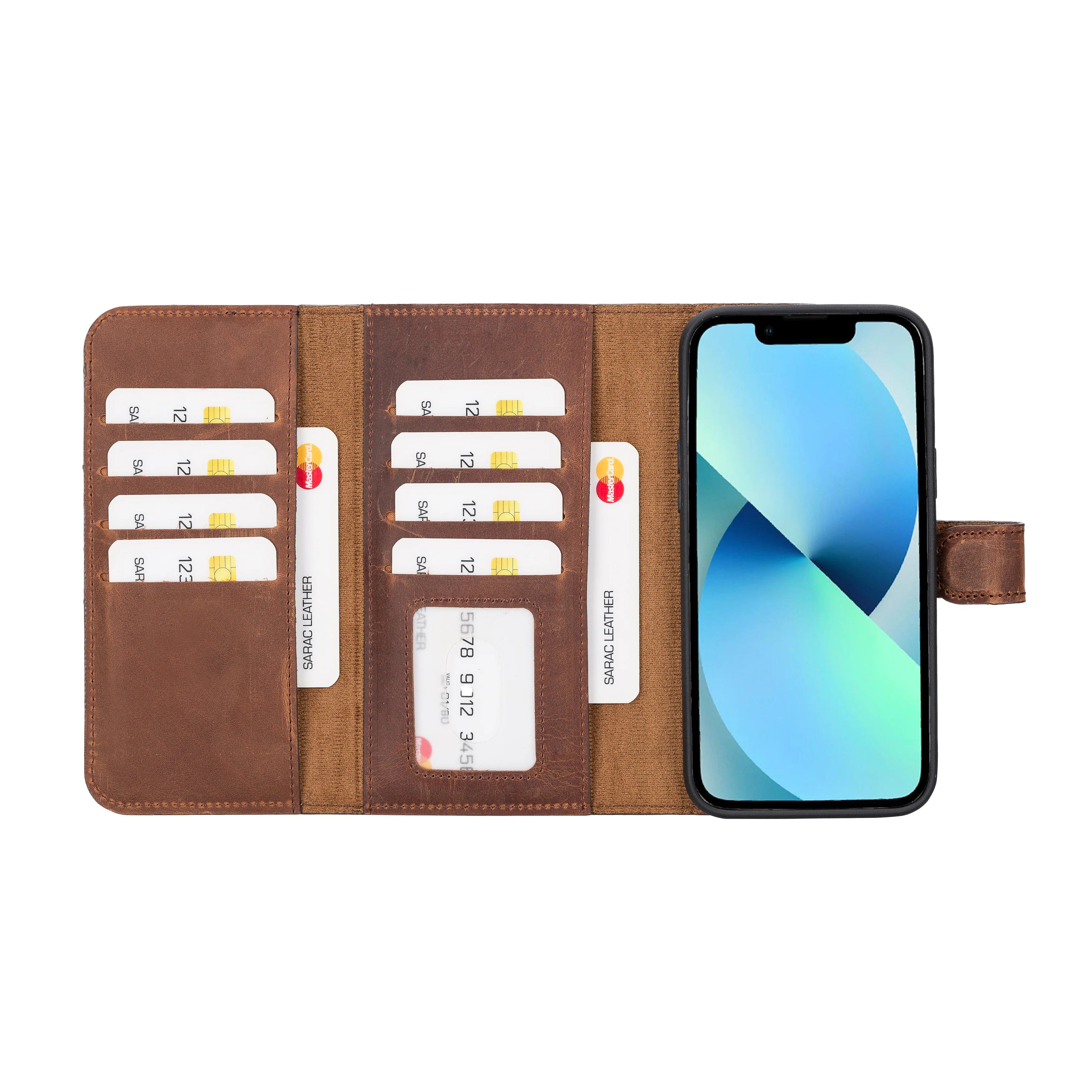 Weihnachtsmann iPhone 14 Plus Leder-Brieftaschenhülle mit abnehmbarem Verschluss