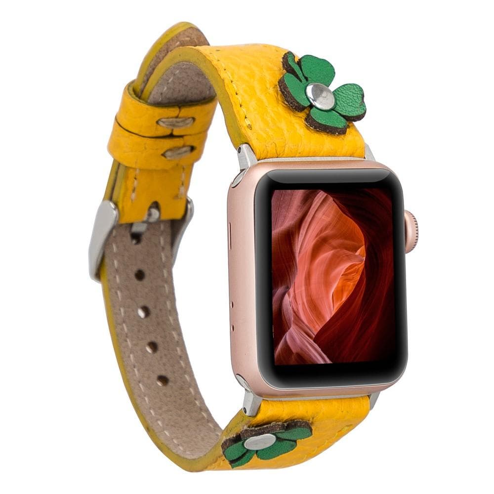 Klassisches, schlankes Apple Watch-Armband aus echtem Leder im Blumen-Design 