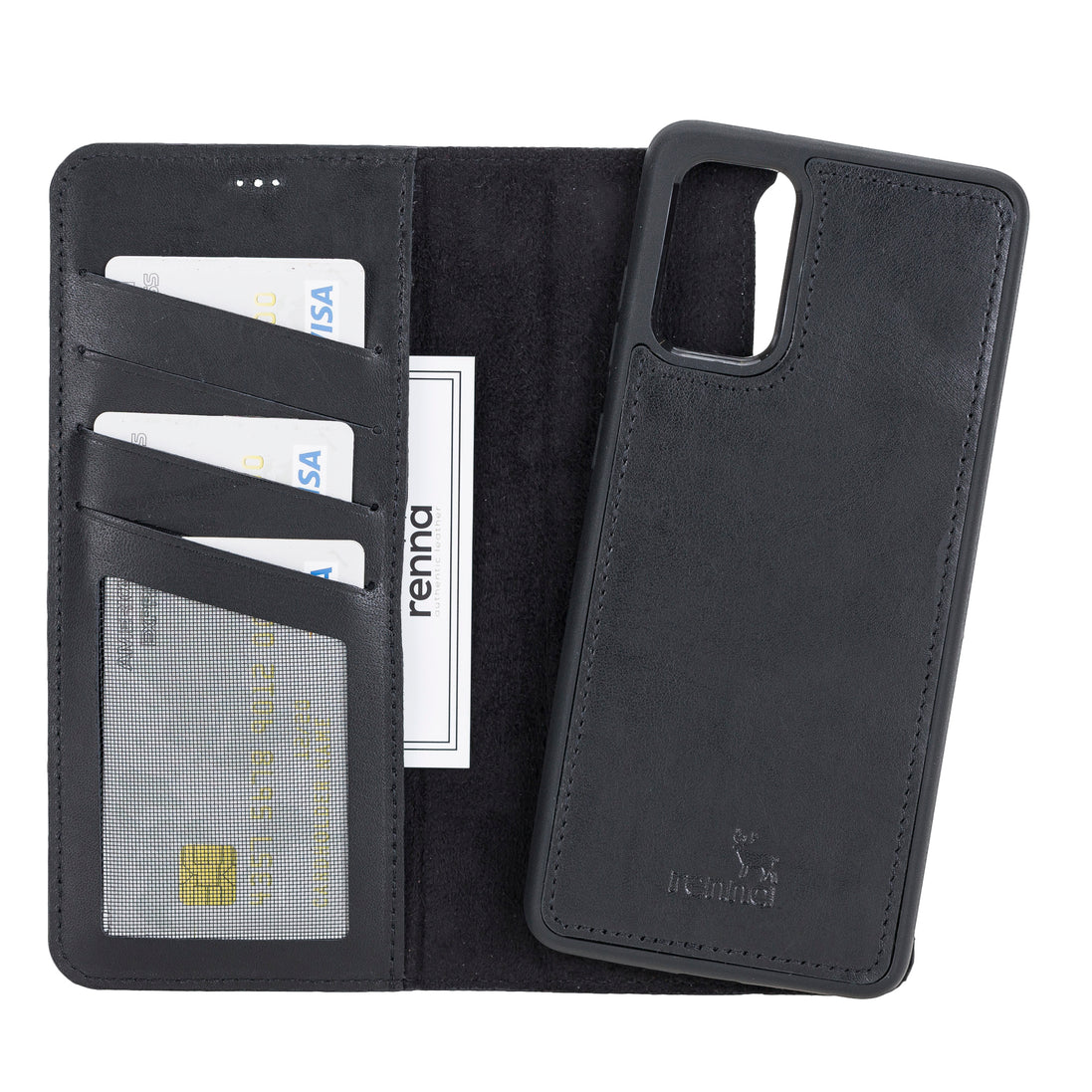 Schwarz Samsung S20+ Case, abnehmbare Echtleder Handytasche mit Magnet, S20 PLUS Leder Hülle