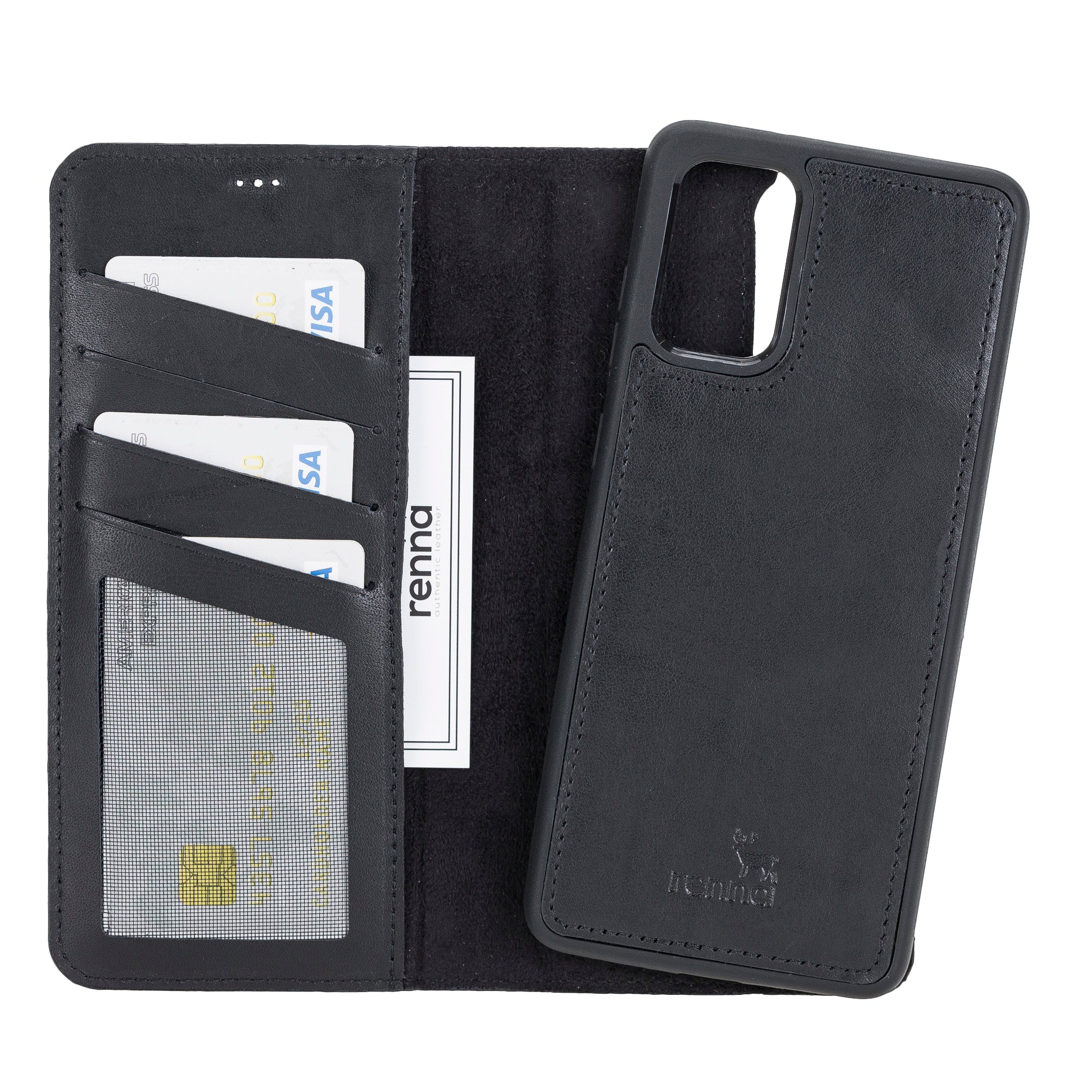 Schwarz Samsung S20+ Case, abnehmbare Echtleder Handytasche mit Magnet, S20 PLUS Leder Hülle