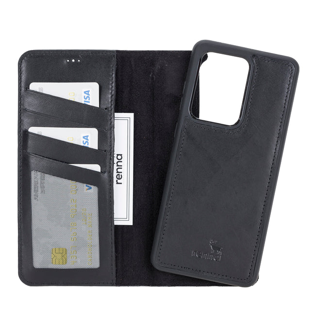 Schwarz Samsung S20 Ultra Case, abnehmbare Echtleder Handytasche mit Magnet, S20 Ultra Leder Hülle