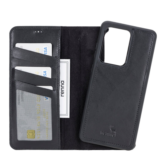 Schwarz Samsung S20 Ultra Case, abnehmbare Echtleder Handytasche mit Magnet, S20 Ultra Leder Hülle