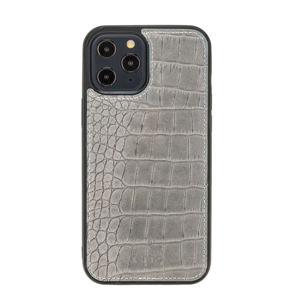 Grau Croco iPhone 12 Pro Max (6,7") Hülle aus echtem Leder, handgefertigte Lederhülle mit flexibler Abdeckung