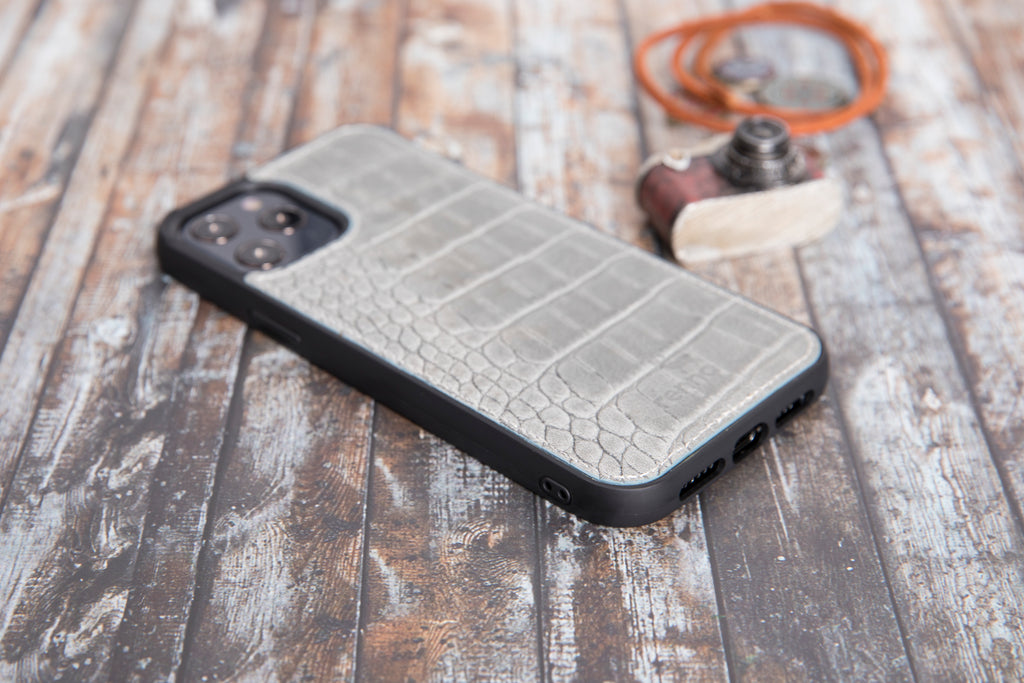 Grau Croco iPhone 12 Pro Max (6,7") Hülle aus echtem Leder, handgefertigte Lederhülle mit flexibler Abdeckung