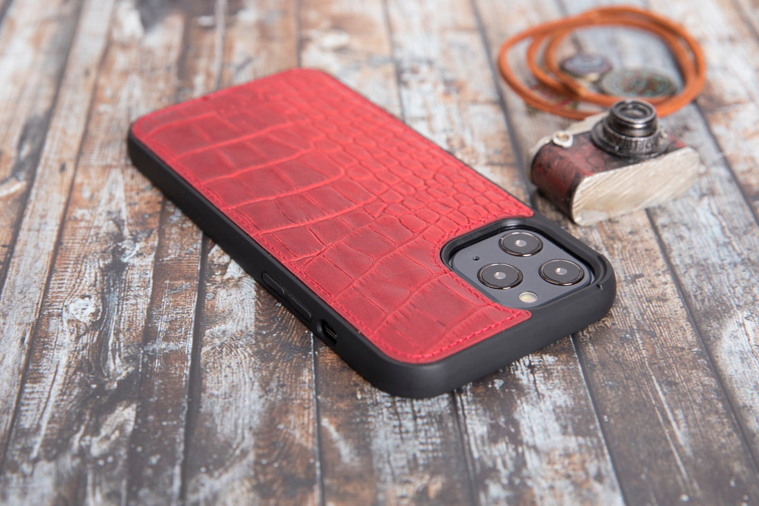 Rot Croco iPhone 12 Pro Max (6,7") Hülle aus echtem Leder, handgefertigte Lederhülle mit flexibler Abdeckung